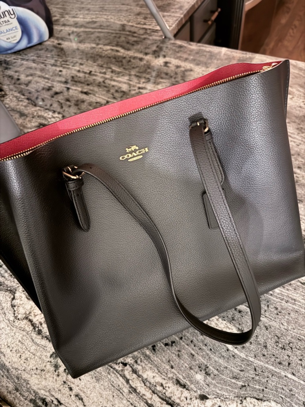 Coach Black Leather Tote with Red Trim and Gold Logo